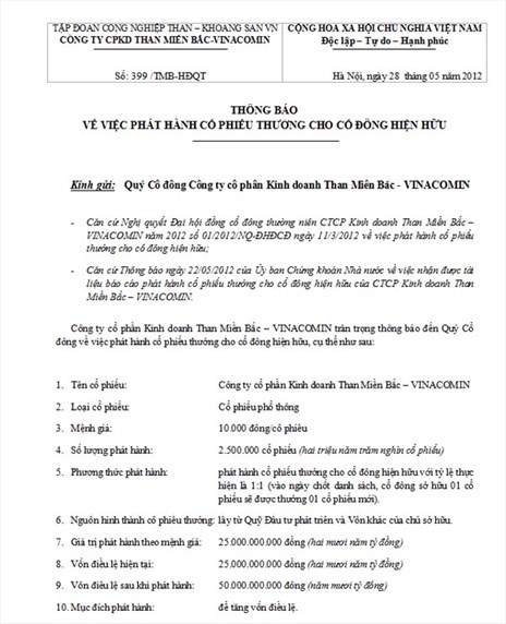 Thông báo phát hành cổ phiếu thường cho cổ đông hiện hữu