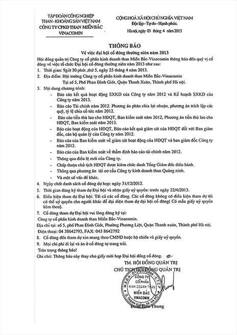 Thông báo về đại hội cổ đông 2013