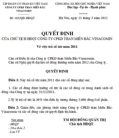 Quyết định về việc trả cổ tức năm 2011